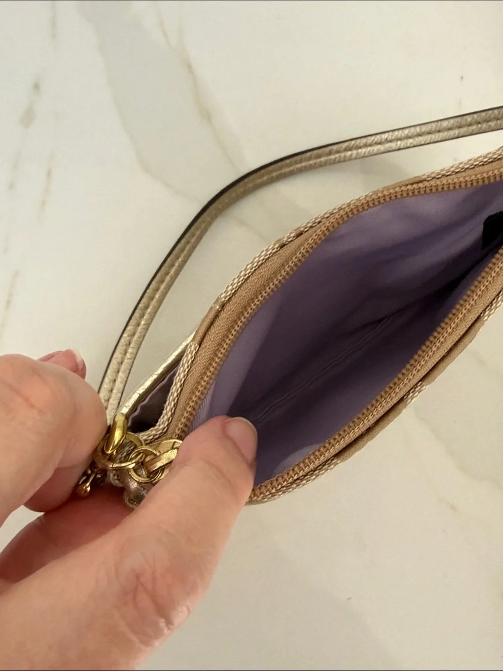 Coach Beige Signature Canvas Wristlet with Gold Hardware